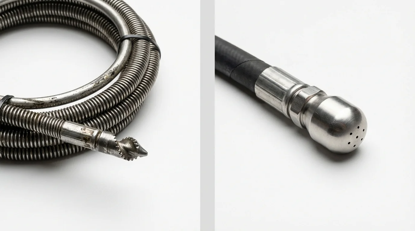 Drain snake cable and hydro jetting nozzle used for drain cleaning in Scappoose, OR