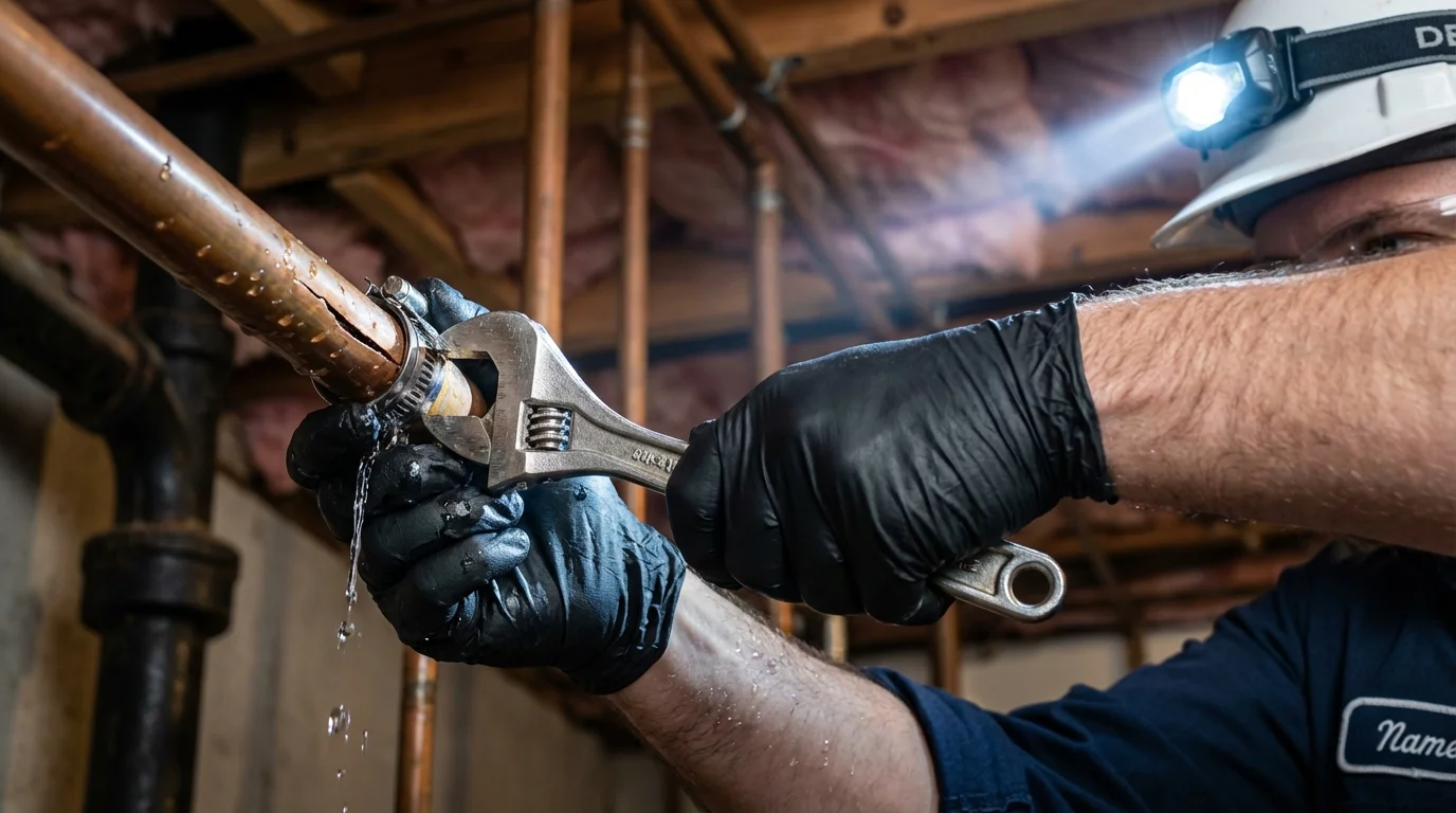Emergency pipe clamp repair being performed by a Johns Plumbing LLC plumber in Scappoose