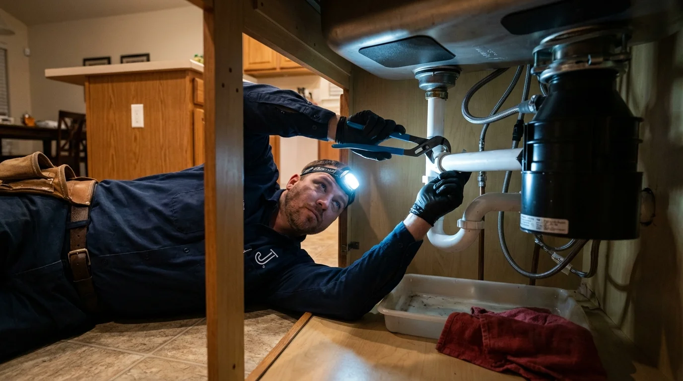 P-trap and supply line connections under a kitchen sink showing a common leak point in Scappoose, OR